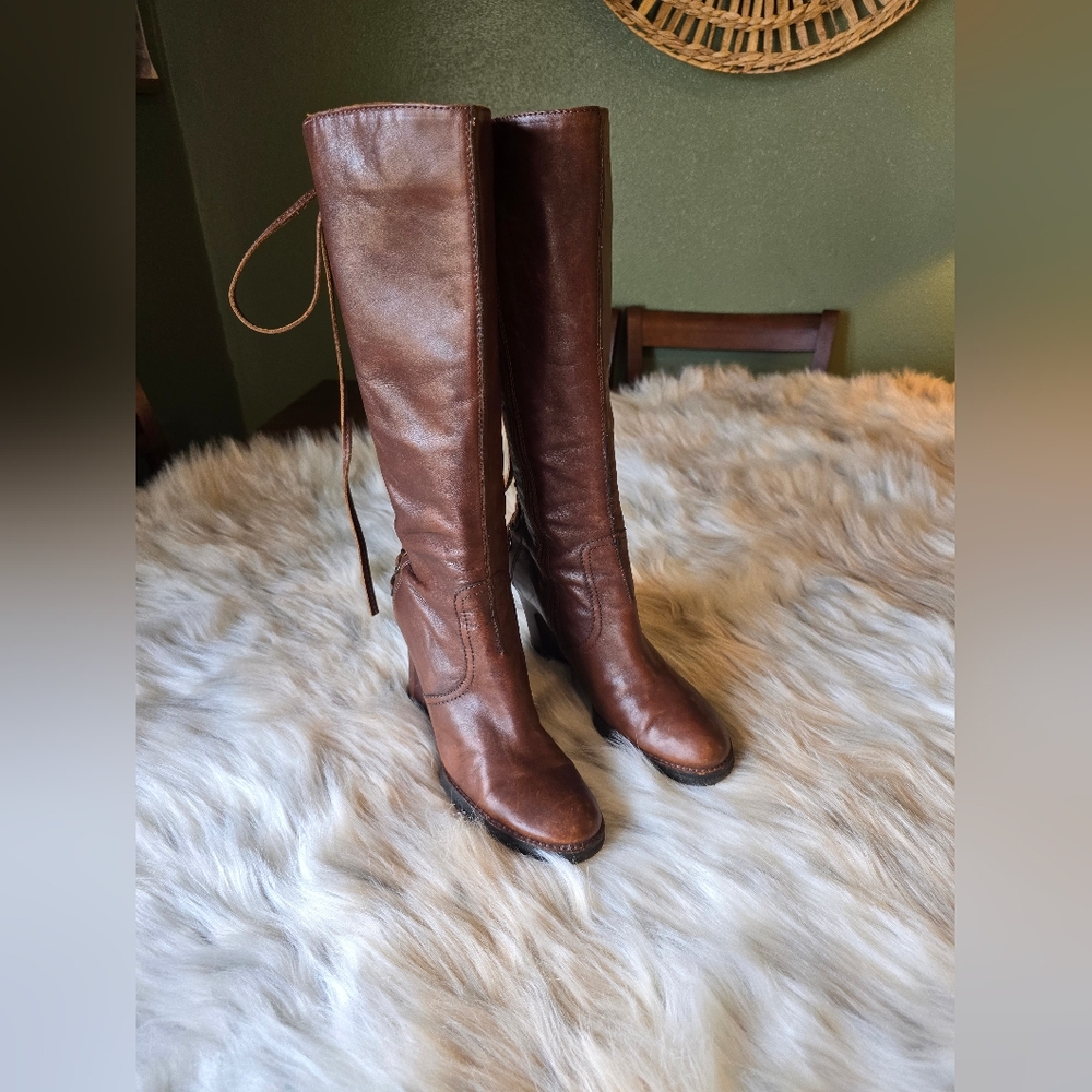 Apepazza Knee High Back Lace Leather Wedge Boots - Picture 7 of 12